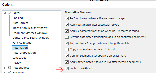 Trados Studio options menu with 'Enable LookAhead' checked under Translation Memory settings.