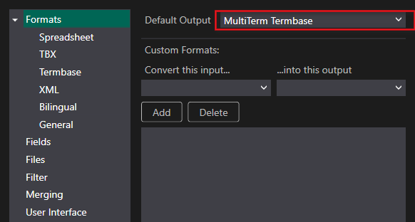 Trados Studio screenshot showing the 'Formats' menu with 'Default Output' set to 'MultiTerm Termbase'.