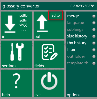 Trados Studio screenshot of 'glossary converter' with 'in' arrow pointing to 'sdltb' and 'out' arrow pointing to 'sdltb', indicating the input and output file format.