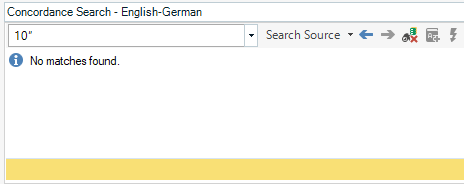 Screenshot of Trados Studio's Concordance Search window displaying 'No matches found' for the English-German language pair.
