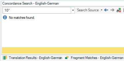 Trados Studio screenshot showing the Concordance Search window with 'No matches found' message for English-German language pair.