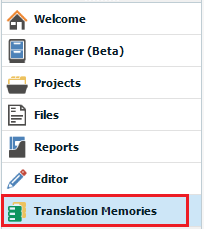 Trados Studio interface highlighting the Translation Memories option in the navigation menu.