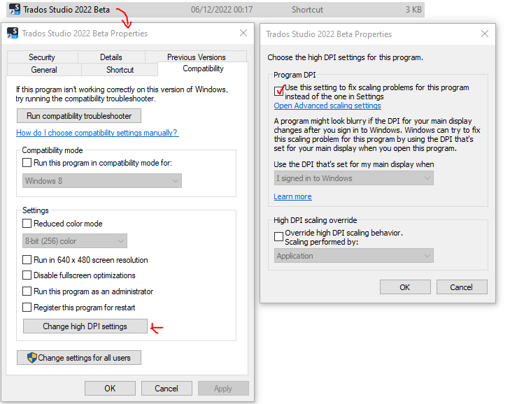 Trados Studio 2022 Beta Properties window with Compatibility tab open, showing settings with 'Run this program in compatibility mode for: Windows 8' selected and 'Change high DPI settings' button highlighted.