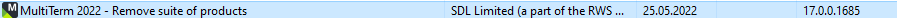 Control Panel entry showing MultiTerm 2022 - Remove suite of products by SDL Limited with version 17.0.0.1685 and date 25.05.2022.
