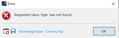 Error dialog box in Trados Studio displaying message: Requested value 'type' was not found, with an OK button and links to Knowledge Base and Community.