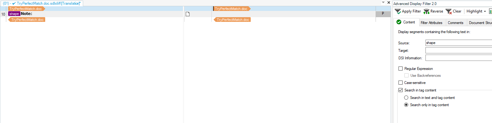 Trados Studio Advanced Display Filter with the search term 'shape' entered in the Source field, and 'Search in tag content' option selected.