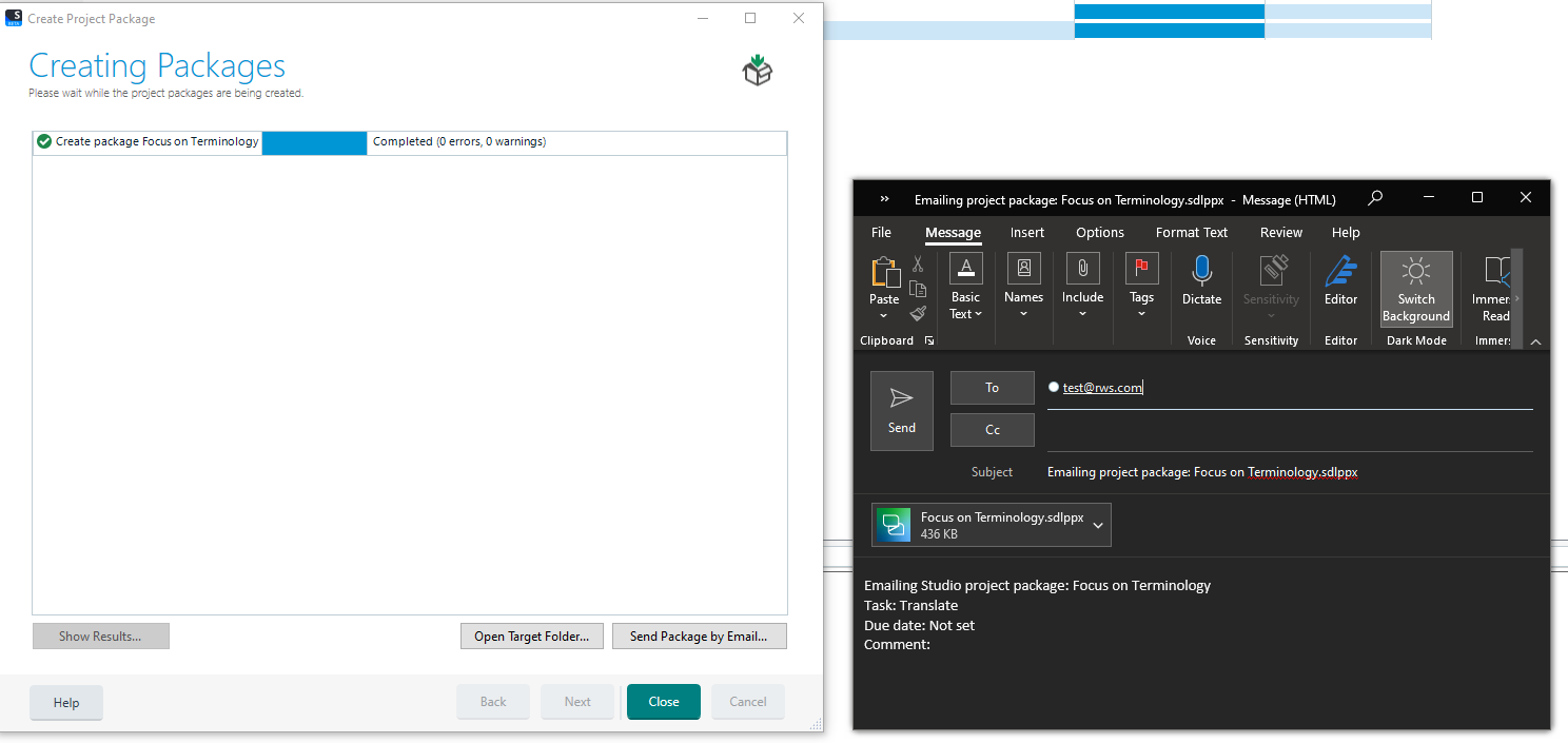 Trados Studio dialog showing 'Creating Packages' with a completed task 'Create package Focus on Terminology' and an option to 'Send Package by Email'.