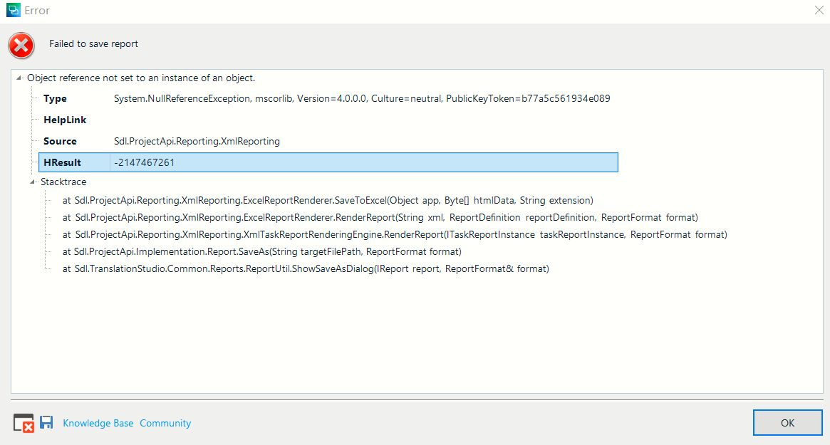 Error dialog box in Trados Studio 2021 displaying 'Failed to save report' with details of a System.NullReferenceException error and stack trace information related to XmlReporting and ExcelReportRenderer.