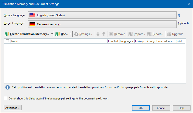 Trados Studio Translation Memory and Document Settings window with source language English (United States) and target language German (Germany), and options to create or use translation memories.