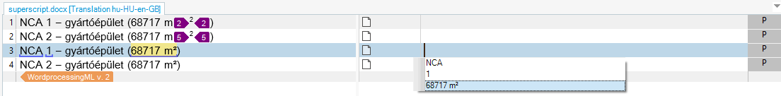 Trados Studio screenshot showing segments 1 and 2 with broken blue underline indicating separate placeables, and segments 3 and 4 with continuous blue underline.