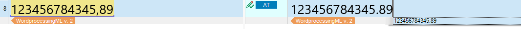 Trados Studio interface showing a number without a thousand separator, highlighted in yellow with a warning symbol.