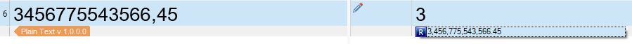 Trados Studio screenshot showing a number pattern in the source text '3456775543566,45' and the corresponding regex replacement result '3,456,775,543,566.45' highlighted in blue.