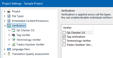 Trados Studio Project Settings window showing Verification options with QA Checker 3.0 and Tag Verifier checked.