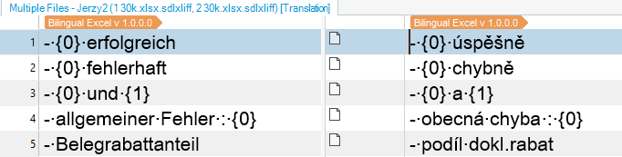 Trados Studio translation grid displaying source text in German and target text in Czech with the file type 'Bilingual Excel v 1.0.0.0' indicated at the top.