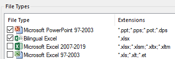 Trados Studio file types settings showing 'Bilingual Excel' and 'Microsoft Excel 2007-2019' file types checked, with 'Microsoft Excel 97-2003' unchecked.