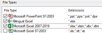 Trados Studio file types settings showing 'Bilingual Excel' unchecked and 'Microsoft Excel 2007-2019' checked, indicating a change in file type priority.