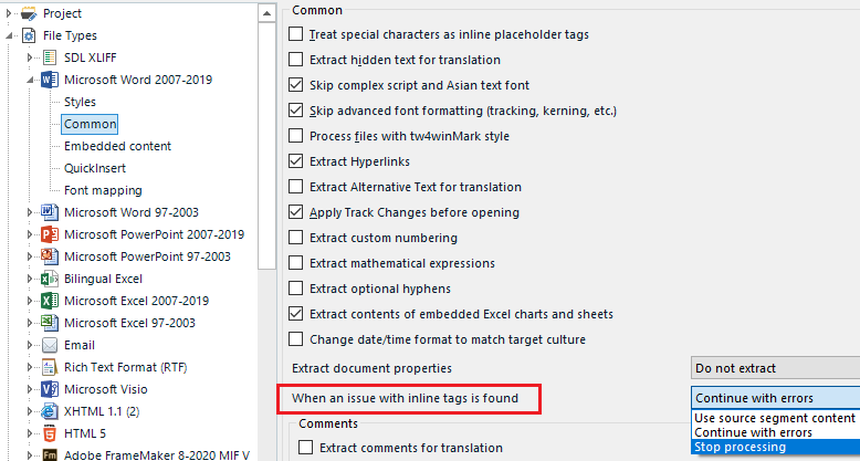 Trados Studio Project Settings showing FileTypes options for Microsoft Word 2007-2019 with 'When an issue with inline tags is found' selected, displaying three options: 'Use source segment content', 'Continue with errors', and 'Stop processing'.