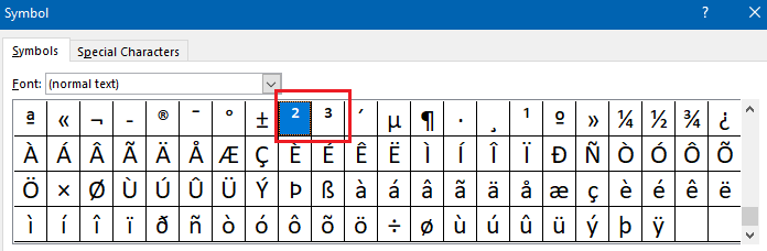Microsoft Word's 'Insert Symbol' dialog box showing symbols with 'Superindex 2 & 3' highlighted in a red box.