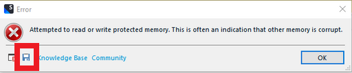 Error dialog box in Trados Studio with a red circle and white X icon, displaying the message 'Attempted to read or write protected memory. This is often an indication that other memory is corrupt.' with an OK button.