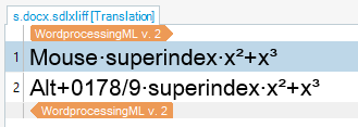 Screenshot of Trados Studio showing two lines of text. The first line reads 'Mouse: superindex: x squared plus x cubed' with 'superindex' highlighted in blue. The second line reads 'Alt+01789: superindex: x squared plus x cubed' with 'superindex' highlighted in blue. Both lines are under the heading 'WordprocessingML v. 2'.
