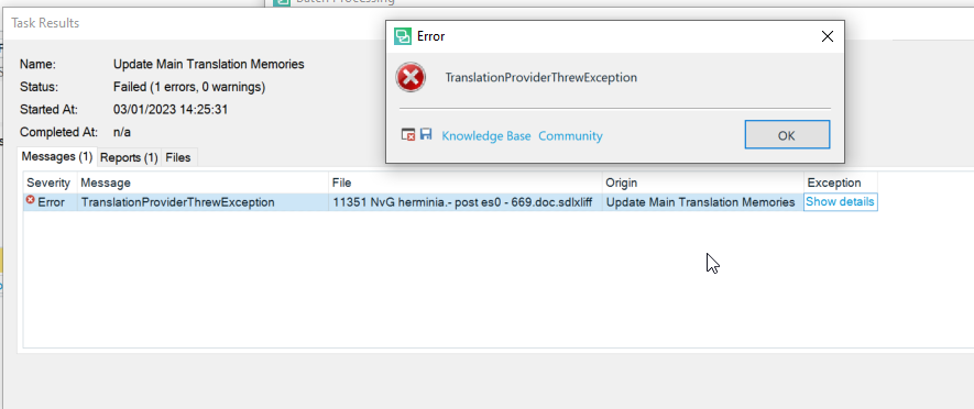 Screenshot of Trados Studio Task Results showing an error message 'TranslationProviderThrewException' for the task 'Update Main Translation Memories' with status 'Failed'.
