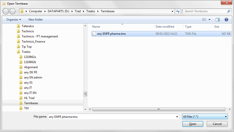 Open Termbase dialog in Trados Studio showing a list of termbases with 'any ENFR pharma.tmx' selected.