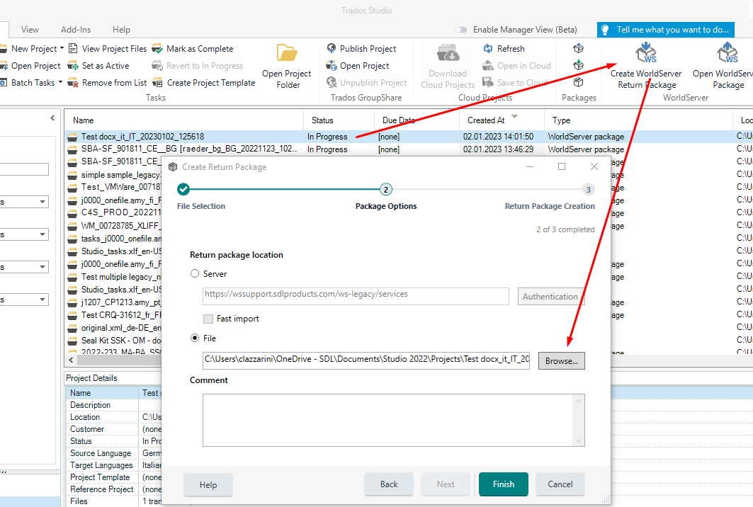 Trados Studio interface showing the 'Create WorldServer Return Package' button highlighted, indicating the correct method to create Return packages for WorldServer projects.