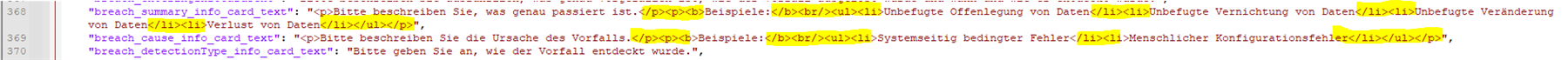 Screenshot of a JSON file with highlighted tags in yellow showing text for breach summary, cause, and detection type in German language.