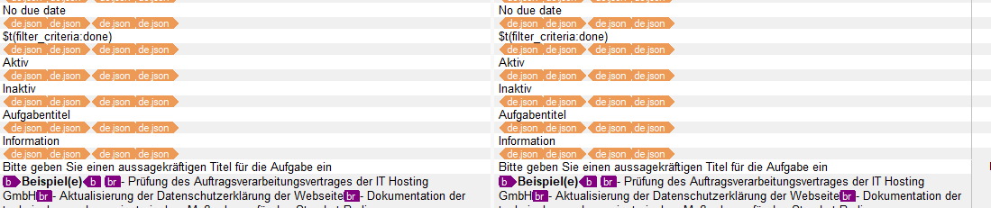 Screenshot of Trados Studio showing text segments with non-translatable elements highlighted in yellow.