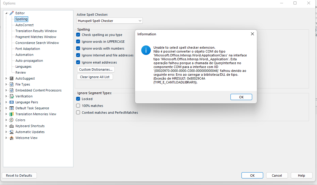 Trados Studio error message: Unable to select spell checker extension. Issue with loading libraryDLL for Microsoft Word spell checker.
