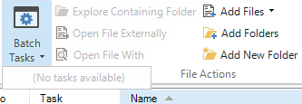 Trados Studio screenshot displaying the Batch Tasks menu with a message stating 'No tasks available' and options to add files or folders.