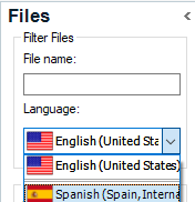 Trados Studio screenshot showing the Files filter with language options, English (United States) selected and Spanish (Spain, International Sort) available.