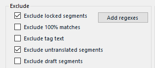 Trados Studio exclusion settings with 'Exclude locked segments' and 'Exclude untranslated segments' checked, and an 'Add regexes' button visible.