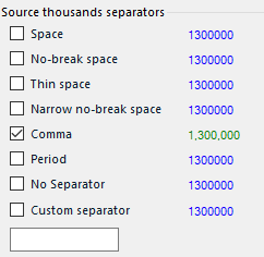 Trados Studio source thousands separators settings with 'Comma' checked, demonstrating different number formats with and without separators.