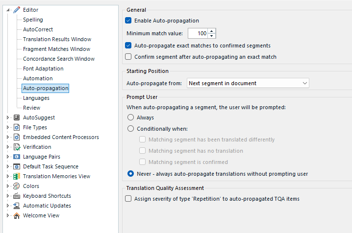 Trados Studio settings window showing 'Auto-propagation' section with 'Enable Auto-propagation' checked and 'Minimum match value' set to 100. Options for auto-propagate matches to confirmed segments and prompt user settings are visible.