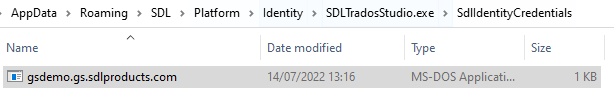 File Explorer window showing a file named 'gsdemo.go.sdlproducts.com' with a modified date of 14072022 at 13:16, type MS-DOS Application, size 1 KB, located in AppDataRoamingSDLPlatformIdentitySDLTradosStudio.exeSDLIdentityCredentials.