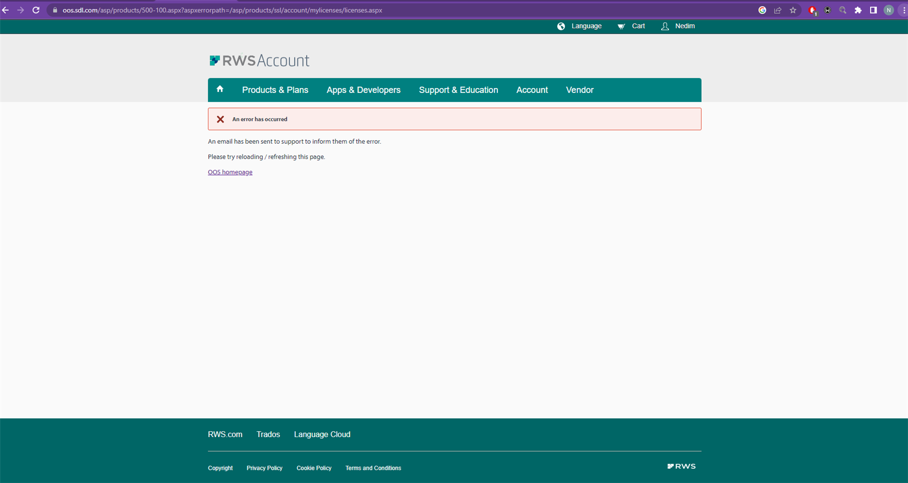 Error message on RWS account Licenses page stating 'An error has occurred' with instructions to email support and try reloading the page.