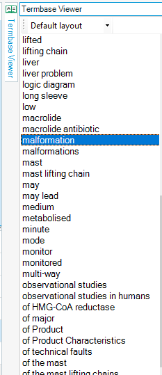 Termbase Viewer in SDL Trados Studio showing a list of terms without the newly added term, indicating a delay in term recognition.