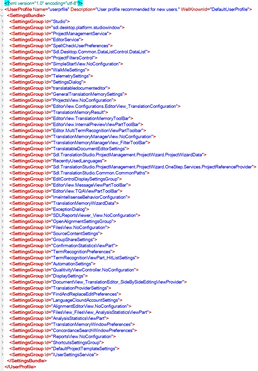 Screenshot of Trados Studio user profile XML file showing various settings groups such as Studio, ProjectManagementService, and SpellCheckUserPreferences.