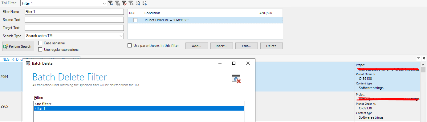 Trados Studio interface with TM Filter named 'Filter 1' applied, showing source and target text fields, and a Batch Delete Filter window with 'Filter 1' selected.