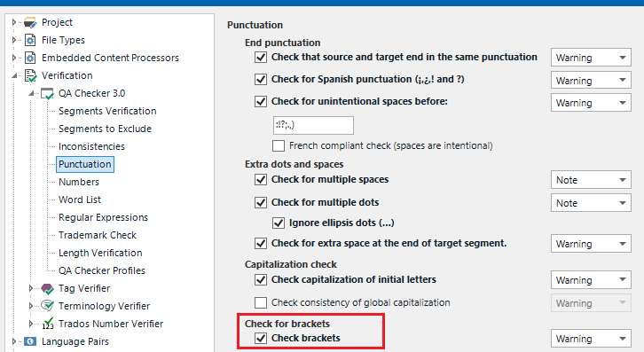 Trados Studio QA Checker 3.0 settings showing various punctuation checks with 'Check brackets' option ticked, highlighted in red.