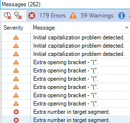 Trados Studio Messages window showing 179 Errors and 59 Warnings with a list of messages about initial capitalization problems and extra opening brackets.