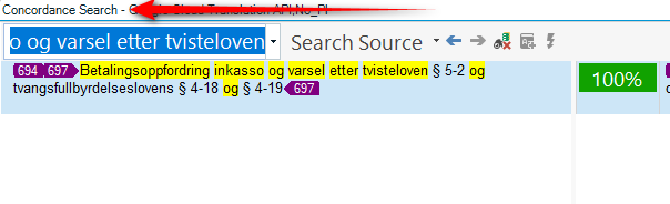 Screenshot of Trados Studio showing a 100% concordance search match for the text 'og varsel etter tvisteloven'.