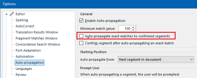 Trados Studio options menu with Auto-propagation section highlighted showing an unchecked box for 'Auto-propagate exact matches to confirmed segments'.