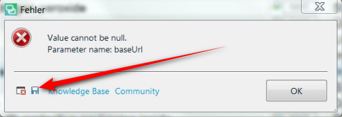 Error dialog box in Trados Studio with a red cross symbol, displaying the message 'Value cannot be null. Parameter name: baseUrl'. There is a link to Knowledge Base Community at the bottom.