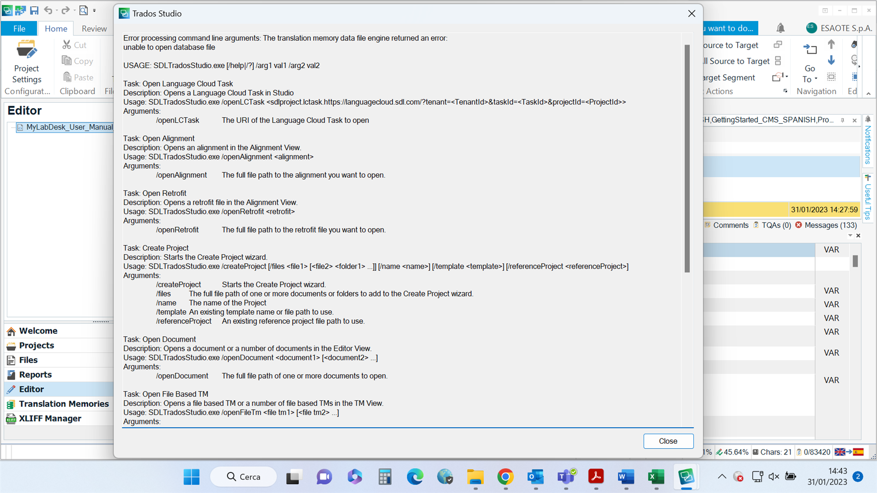 Trados Studio error message stating 'Error processing command line arguments: The translation memory data file engine returned an error: unable to open database file'.