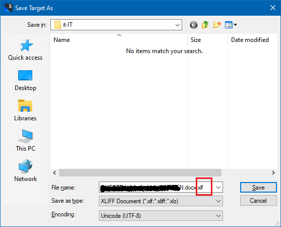 Trados Studio 2022 Save Target As dialog box with 'it-IT' selected as Save in location, file name redacted with a black bar, and 'XLIFF Document (*.xlf; *.xliff; *.x2)' selected as Save as type.