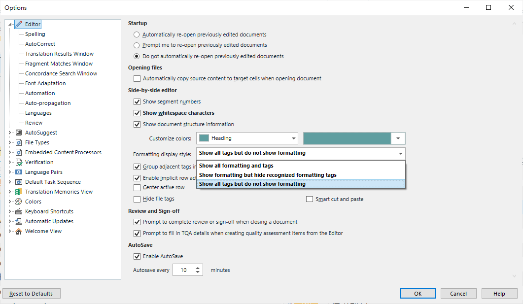 Trados Studio Options menu with 'Formatting display style' dropdown showing 'Show all tags but do not show formatting' selected.
