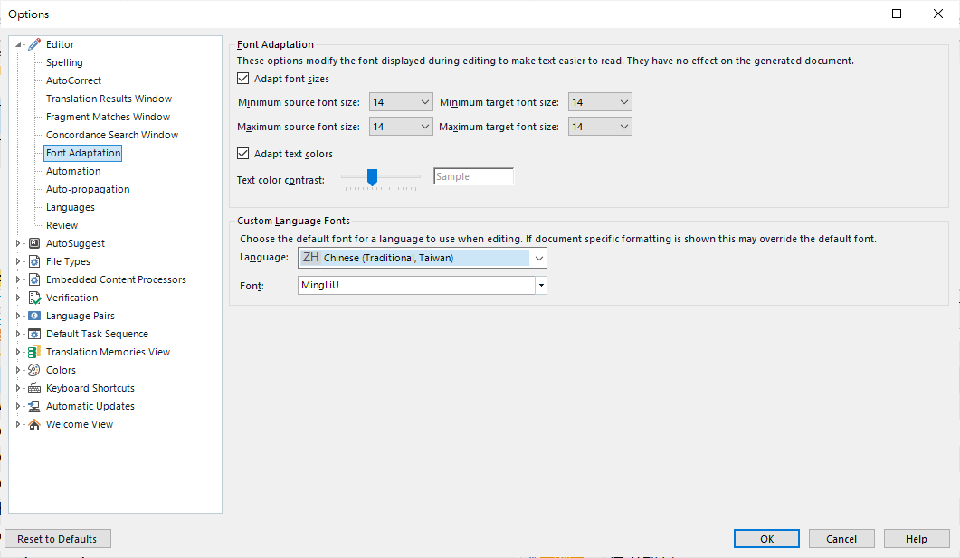 Font Adaptation settings in Trados Studio with 'ZH Chinese (Traditional, Taiwan)' selected and 'MingLiU' font chosen.