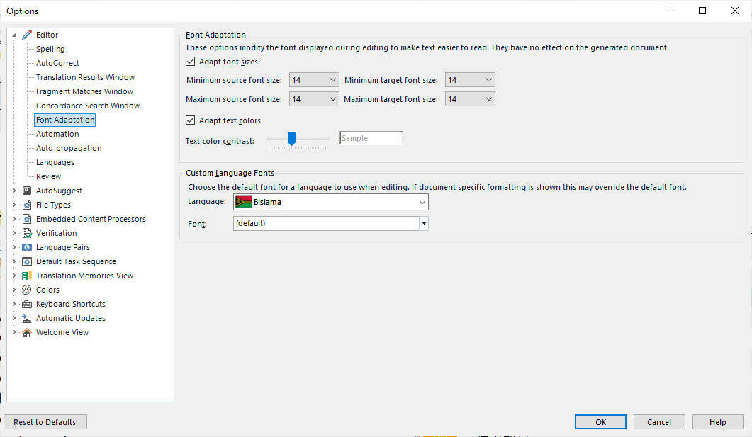 Font Adaptation settings in Trados Studio with 'Bislama' language selected and '(default)' font chosen.